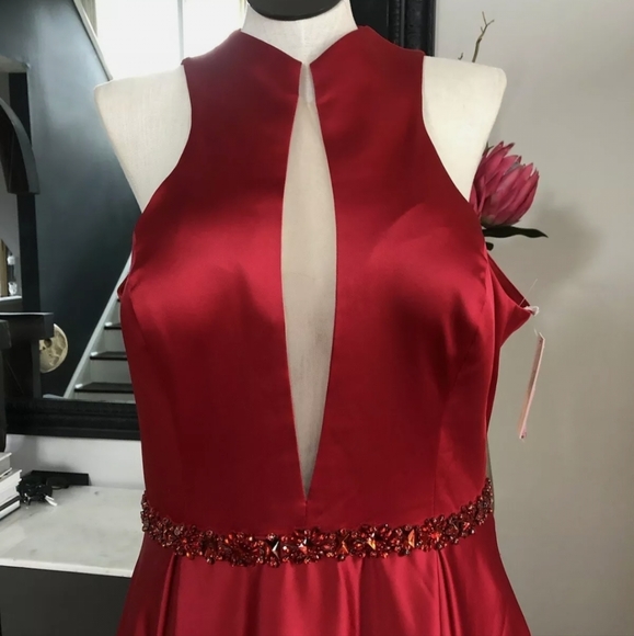 JVN by Jovani 22W red satin beaded illusion neck line formal prom NWT - Picture 2 of 8